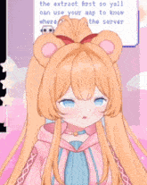 a girl with a bow in her hair is standing in front of a sign that says the extract first so yall can use your map to know