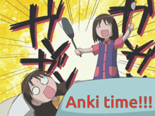 a cartoon drawing of a girl holding a spatula and the words " anki time " on the bottom