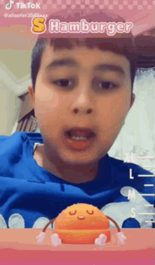 a boy in a blue shirt is holding a toy hamburger