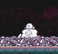a pixel art drawing of a robot sitting on top of a pile of flowers .