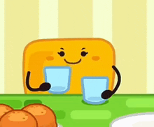 a cartoon character is sitting at a table holding two glasses of water .