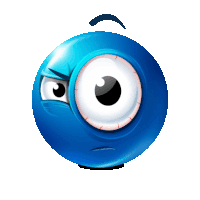 a blue smiley face with a big eye and a black eyebrow on a white background