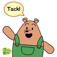 a cartoon bear with green overalls and a speech bubble that says tack