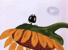 a drawing of a bird sitting on top of a large sunflower
