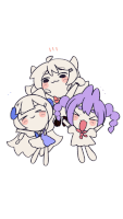 a drawing of three cartoon characters with purple hair