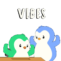 two penguins sitting at a table with the word vibes written above them