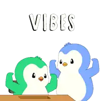 two penguins sitting at a table with the word vibes written above them
