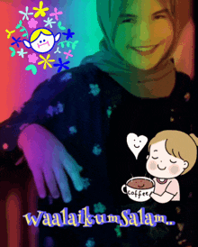 a woman in a hijab is smiling and holding a cup of coffee with waalaikum salam written below her