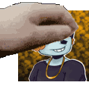 a pixel art of a person with a hat on their head and a necklace .