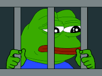 a green frog behind bars with a sad look on his face