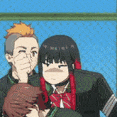 a group of anime characters are standing next to each other and one of them is covering his face with his hand .