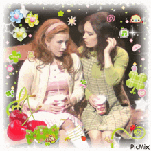 two women are sitting next to each other with a picmix watermark on the bottom right