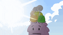 a bunch of cartoon characters are standing on top of a purple object