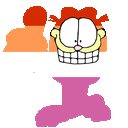 a garfield cartoon character with a big smile on his face is standing next to a pink letter i