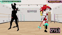 two anime girls are dancing in front of a wall that says rat cave