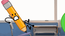 a cartoon drawing of a pencil with a face and arms laying on a desk