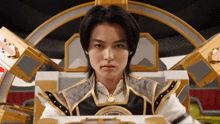 a man in a costume is sitting in a throne with a necklace around his neck