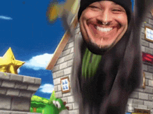 a man is smiling in front of a brick building