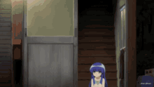 a girl with blue hair is sitting in a doorway next to a bucket that says am-hem on it