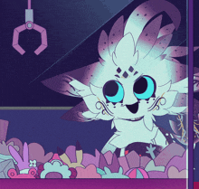 a cartoon drawing of a creature with blue eyes and a claw in the background