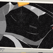 a black and white painting with a yellow triangle