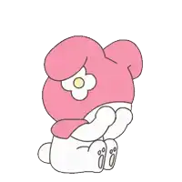 a cartoon bunny with a flower on its head is sitting down and covering its mouth with its hands .