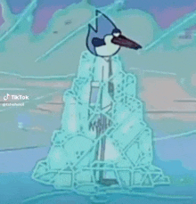 a cartoon character from the regular show is standing on top of a pile of ice .