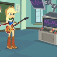 a cartoon of a girl playing a guitar in a room