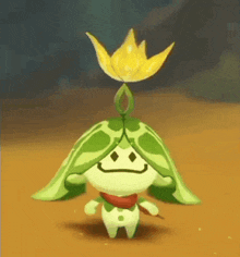 a cartoon character with green leaves and a yellow flower on its head .