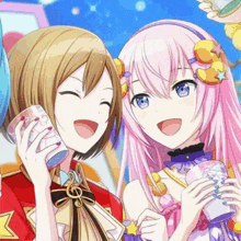 a couple of anime girls are standing next to each other