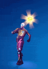a skeleton with flowers on his head and a smiling sun above him