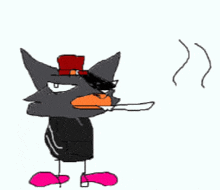 a cartoon cat is holding a knife in its mouth and wearing a top hat .
