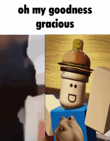 a picture of a roblox character with a hamburger on his head and the words oh my goodness gracious