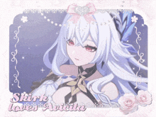 a picture of a girl with long white hair and the words " shirk loves aveita "