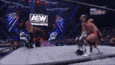 a group of wrestlers are in a wrestling ring with a aew logo on the wall