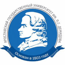 a blue and white logo with a statue of a man in the center