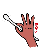 a cartoon drawing of a hand holding a cotton swab and the words dkms below it
