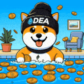 a dog wearing a dea hat is swimming in a pool surrounded by coins
