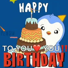 a happy birthday card with a penguin and a cake
