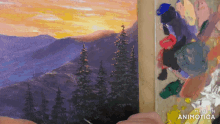 a painting of a sunset with the words made in animatica below it