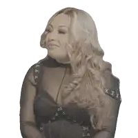 a woman with long blonde hair is wearing a black shirt
