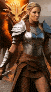 a woman in armor with a dragon in the background