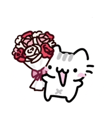 a cartoon cat holding a bouquet of roses