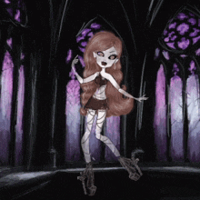 a drawing of a girl in a dark room with stained glass windows