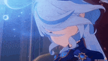 a cartoon character with long blue hair is standing in a room .