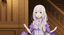 a girl with white hair and a purple dress is standing in front of a staircase .