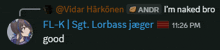 a screenshot of a text message between vidar harkonen and lorbass jaeger