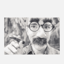 a man wearing fake mustaches and glasses holds a cigar