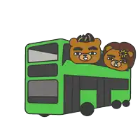 a green double decker bus with two teddy bears on the back
