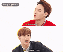 two young men are talking to each other and one of them is saying that cats are cute .